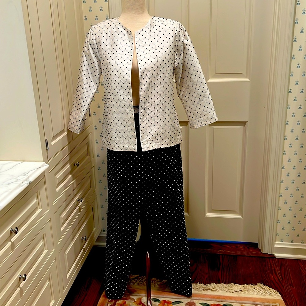 CUSTOM MADE 100% SILK WHITE AND BLACK DOTTED PANT SUIT